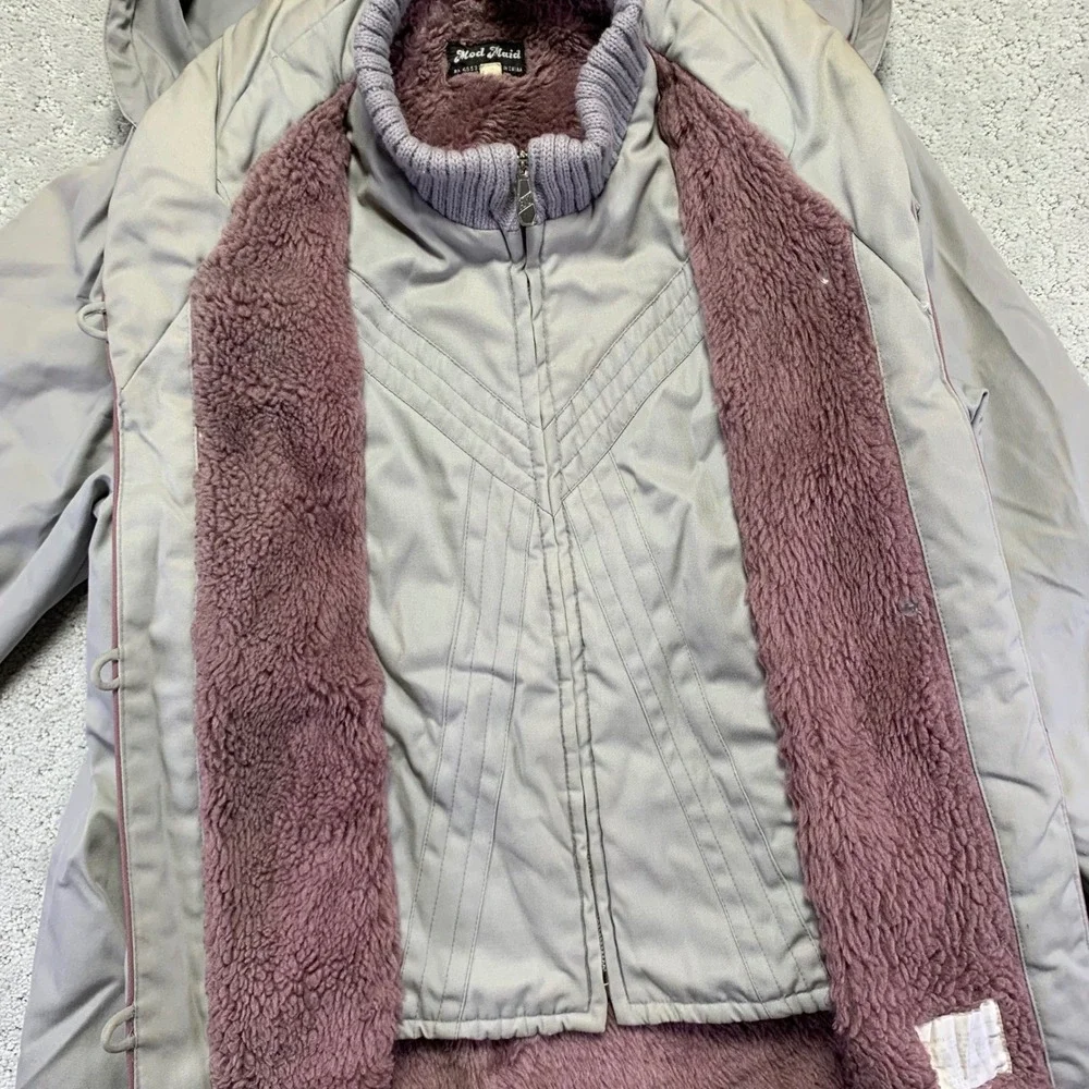 Vintage Mod Maid Womens Jacket Medium Gray Lined Hooded Zip Up Parka Winter Coat